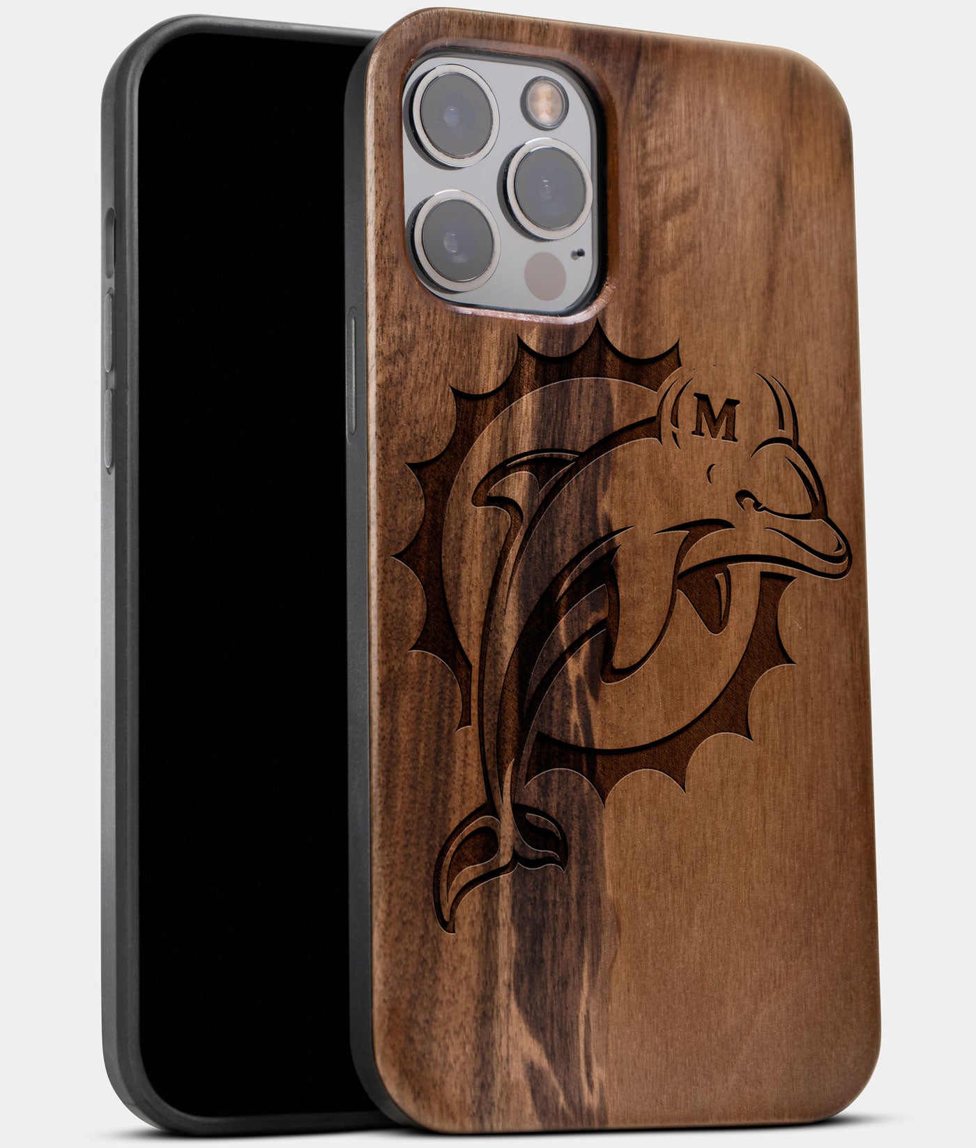 Best Wood Miami Dolphins iPhone 13 Pro Case | Custom Miami Dolphins Gift | Walnut Wood Cover - Engraved In Nature