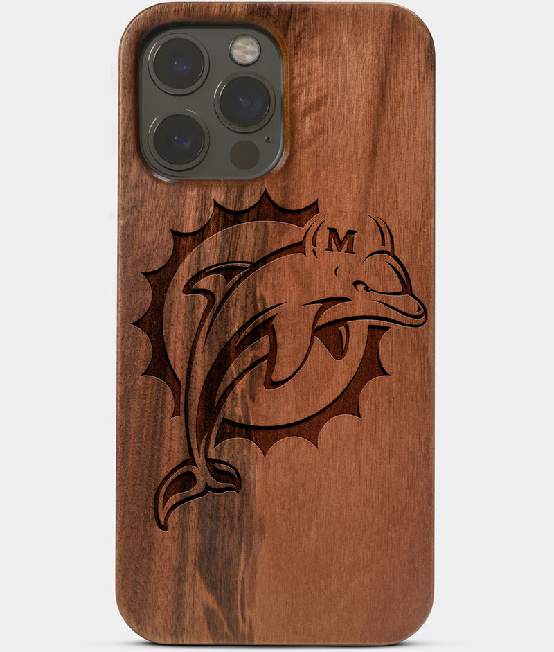 Carved Wood Miami Dolphins iPhone 13 Pro Case | Custom Miami Dolphins Gift, Birthday Gift | Personalized Mahogany Wood Cover, Gifts For Him, Monogrammed Gift For Fan | by Engraved In Nature