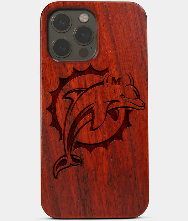 Carved Wood Miami Dolphins iPhone 13 Pro Max Case | Custom Miami Dolphins Gift, Birthday Gift | Personalized Mahogany Wood Cover, Gifts For Him, Monogrammed Gift For Fan | by Engraved In Nature
