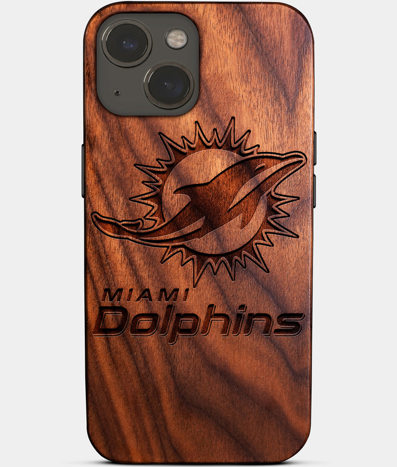 Eco-friendly Miami Dolphins iPhone 14 Case - Carved Wood Custom Miami Dolphins Gift For Him - Monogrammed Personalized iPhone 14 Cover By Engraved In Nature