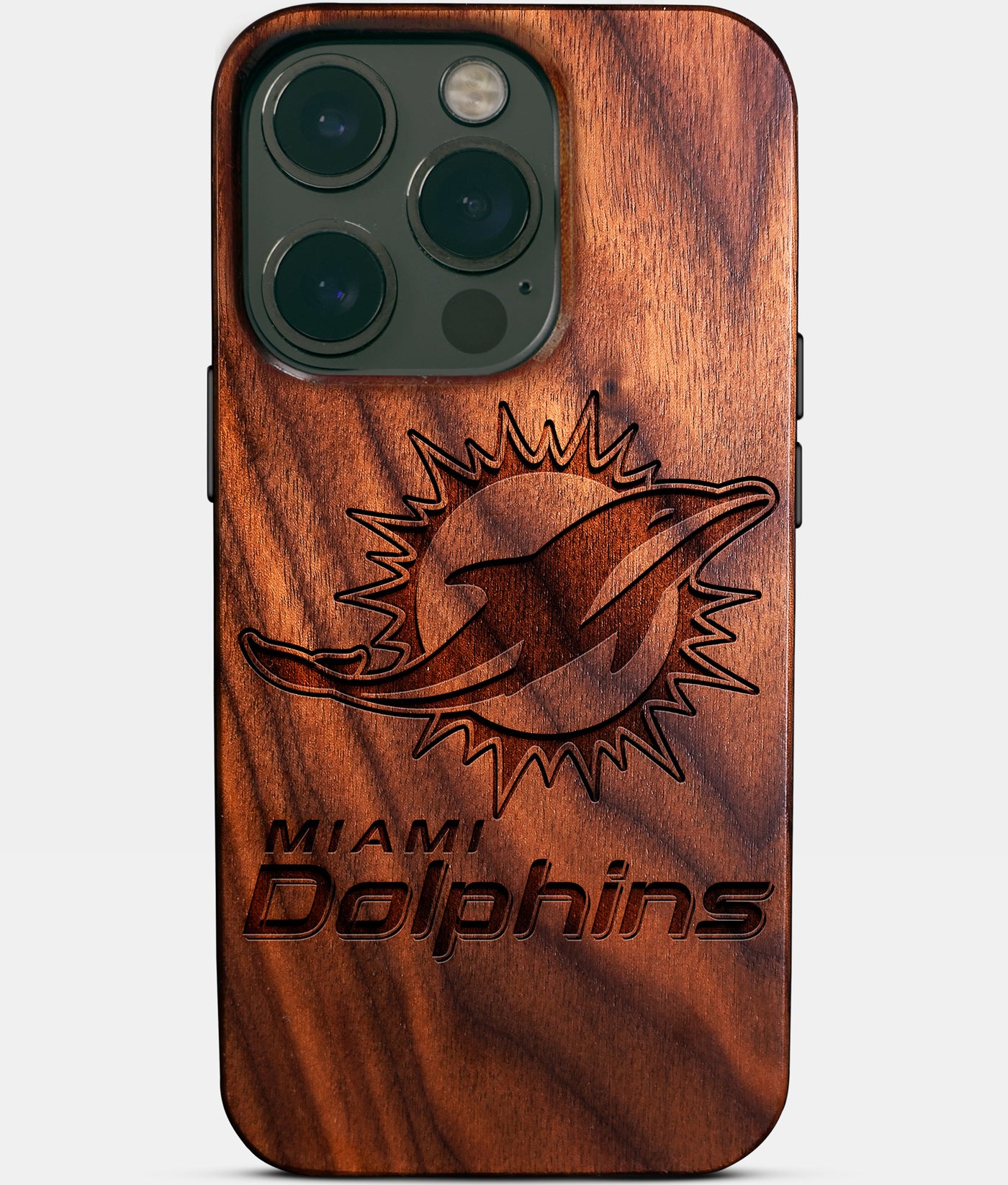 Eco-friendly Miami Dolphins iPhone 14 Pro Case - Carved Wood Custom Miami Dolphins Gift For Him - Monogrammed Personalized iPhone 14 Pro Cover By Engraved In Nature