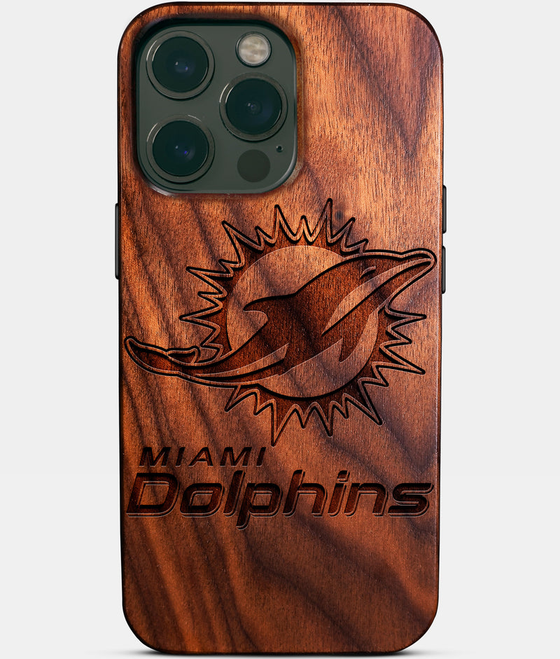 Eco-friendly Miami Dolphins iPhone 14 Pro Max Case - Carved Wood Custom Miami Dolphins Gift For Him - Monogrammed Personalized iPhone 14 Pro Max Cover By Engraved In Nature