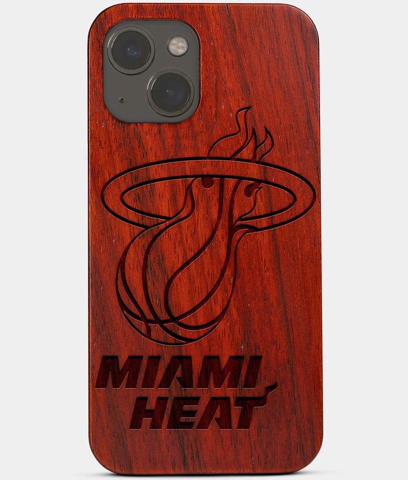 Carved Wood Miami Heat iPhone 13 Mini Case | Custom Miami Heat Gift, Birthday Gift | Personalized Mahogany Wood Cover, Gifts For Him, Monogrammed Gift For Fan | by Engraved In Nature