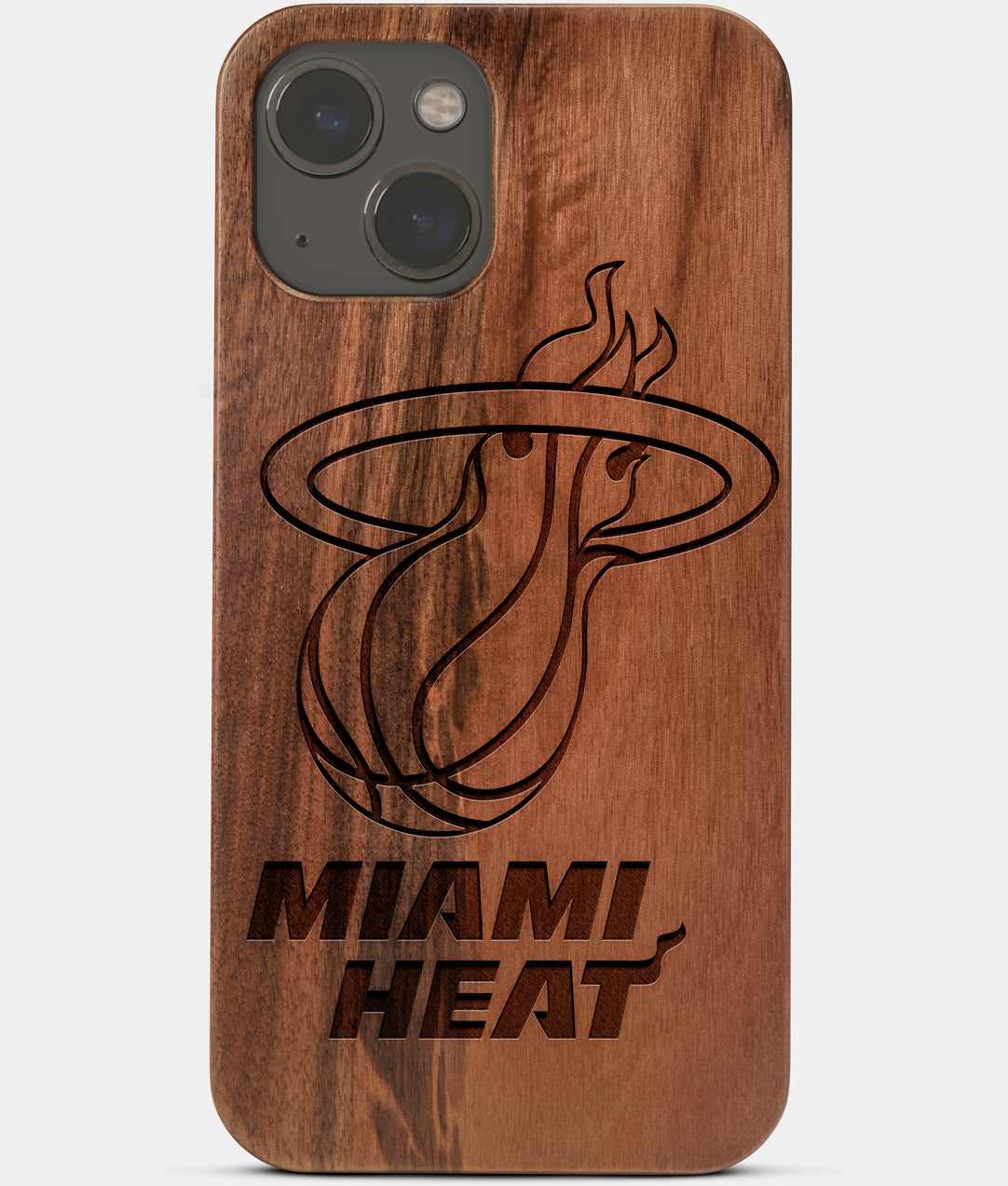 Carved Wood Miami Heat iPhone 13 Mini Case | Custom Miami Heat Gift, Birthday Gift | Personalized Mahogany Wood Cover, Gifts For Him, Monogrammed Gift For Fan | by Engraved In Nature