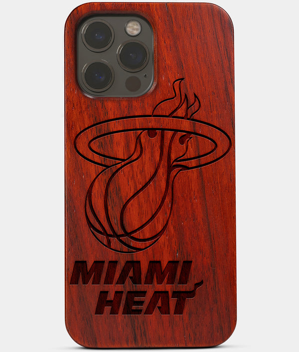 Carved Wood Miami Heat iPhone 13 Pro Case | Custom Miami Heat Gift, Birthday Gift | Personalized Mahogany Wood Cover, Gifts For Him, Monogrammed Gift For Fan | by Engraved In Nature