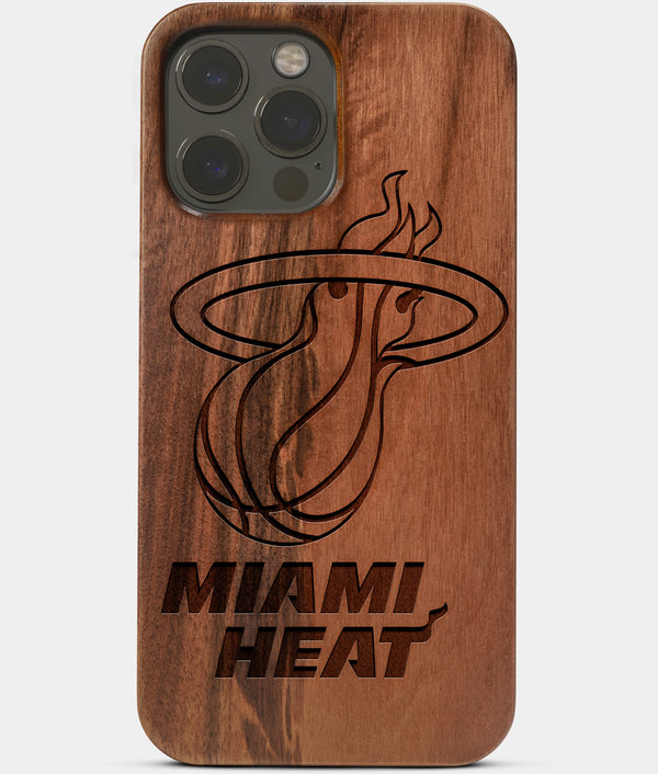 Carved Wood Miami Heat iPhone 13 Pro Case | Custom Miami Heat Gift, Birthday Gift | Personalized Mahogany Wood Cover, Gifts For Him, Monogrammed Gift For Fan | by Engraved In Nature