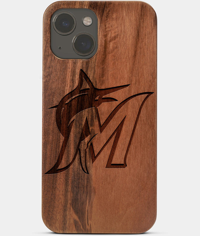 Carved Wood Miami Marlins iPhone 13 Case | Custom Miami Marlins Gift, Birthday Gift | Personalized Mahogany Wood Cover, Gifts For Him, Monogrammed Gift For Fan | by Engraved In Nature