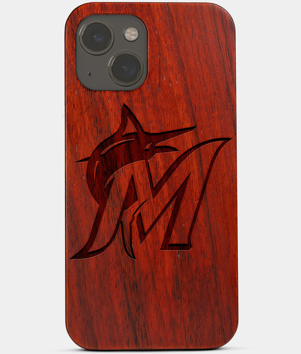 Carved Wood Miami Marlins iPhone 13 Mini Case | Custom Miami Marlins Gift, Birthday Gift | Personalized Mahogany Wood Cover, Gifts For Him, Monogrammed Gift For Fan | by Engraved In Nature