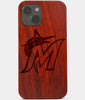 Carved Wood Miami Marlins iPhone 13 Mini Case | Custom Miami Marlins Gift, Birthday Gift | Personalized Mahogany Wood Cover, Gifts For Him, Monogrammed Gift For Fan | by Engraved In Nature