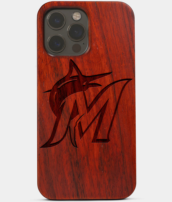 Carved Wood Miami Marlins iPhone 13 Pro Max Case | Custom Miami Marlins Gift, Birthday Gift | Personalized Mahogany Wood Cover, Gifts For Him, Monogrammed Gift For Fan | by Engraved In Nature