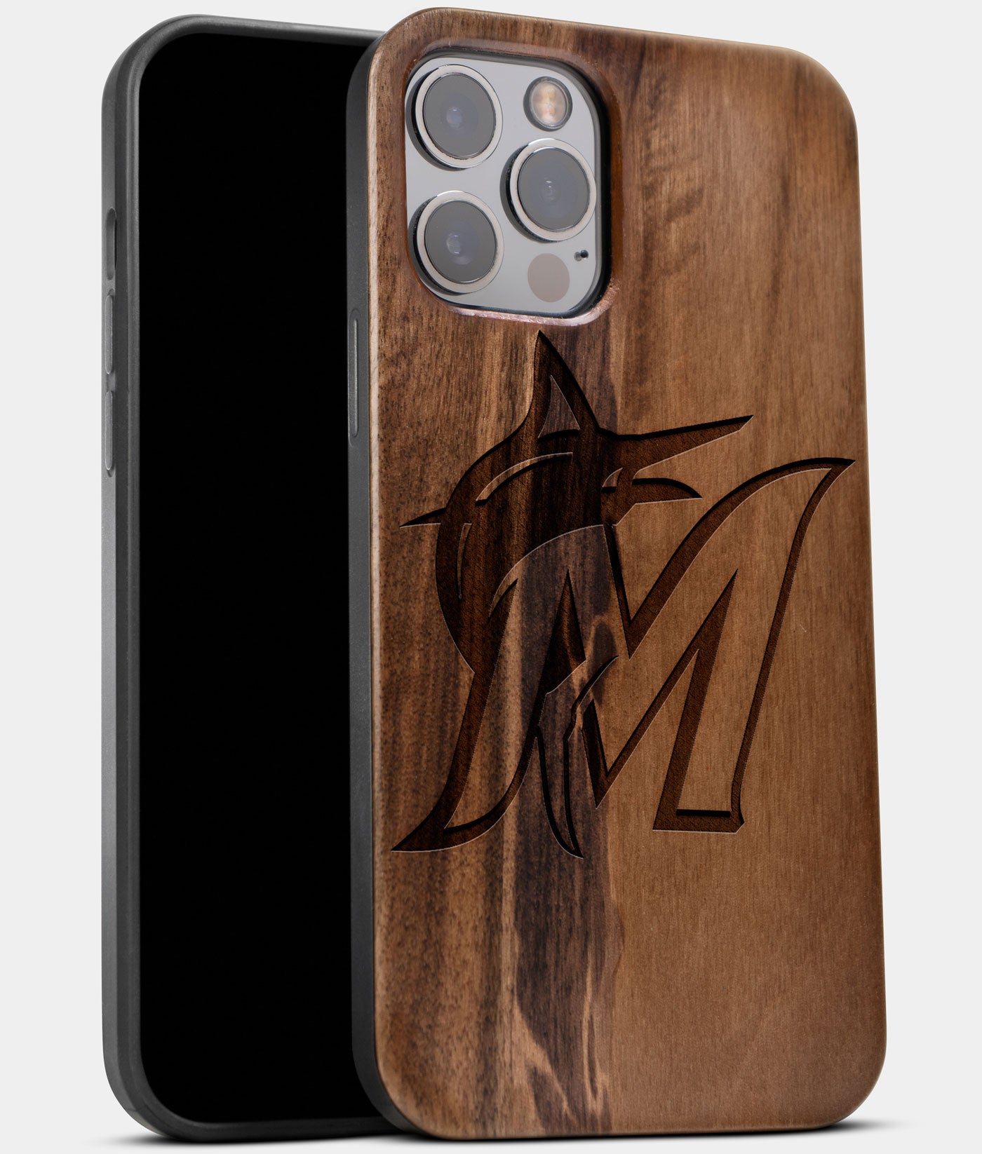 Best Wood Miami Marlins iPhone 13 Pro Max Case | Custom Miami Marlins Gift | Walnut Wood Cover - Engraved In Nature