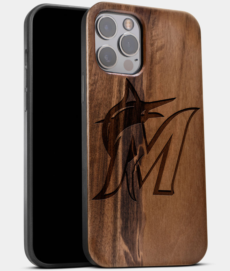 Best Wood Miami Marlins iPhone 13 Pro Max Case | Custom Miami Marlins Gift | Walnut Wood Cover - Engraved In Nature