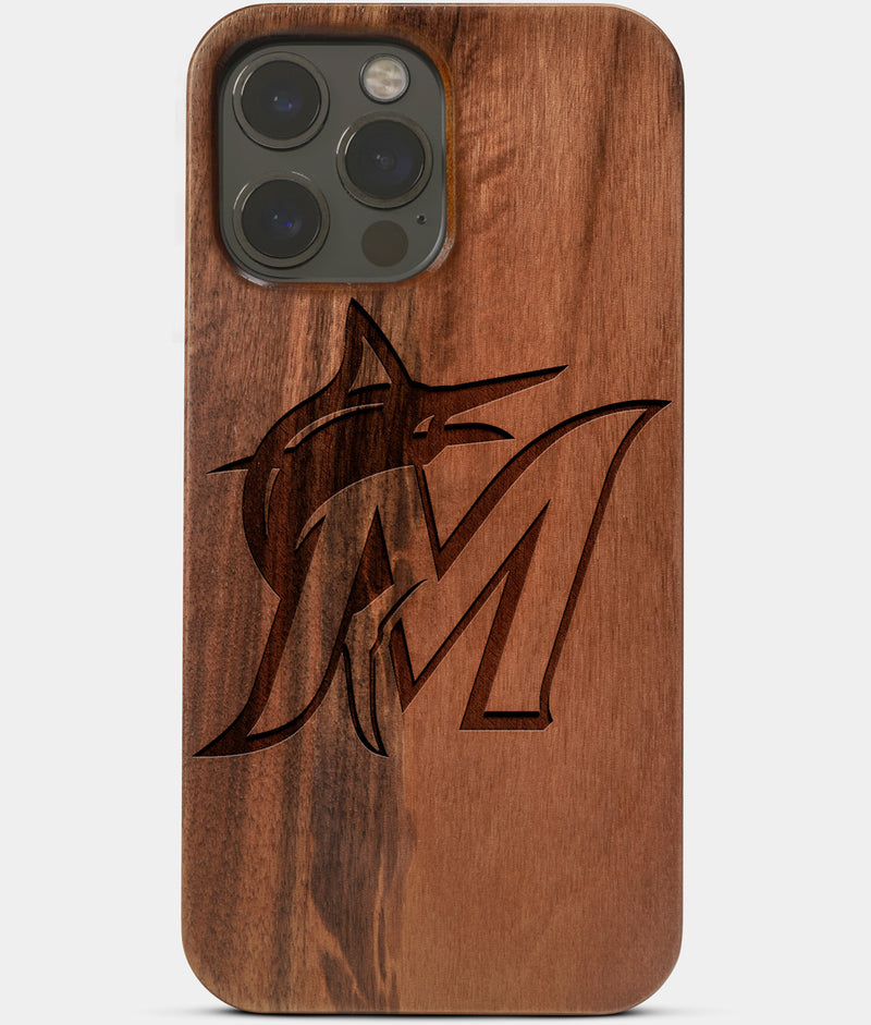 Carved Wood Miami Marlins iPhone 13 Pro Max Case | Custom Miami Marlins Gift, Birthday Gift | Personalized Mahogany Wood Cover, Gifts For Him, Monogrammed Gift For Fan | by Engraved In Nature