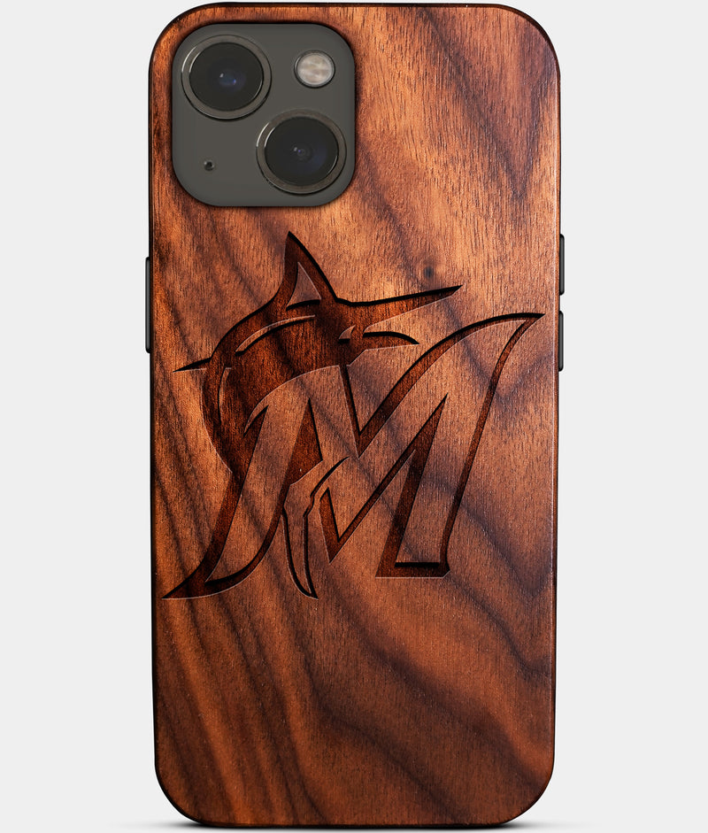 Eco-friendly Miami Marlins iPhone 14 Case - Carved Wood Custom Miami Marlins Gift For Him - Monogrammed Personalized iPhone 14 Cover By Engraved In Nature