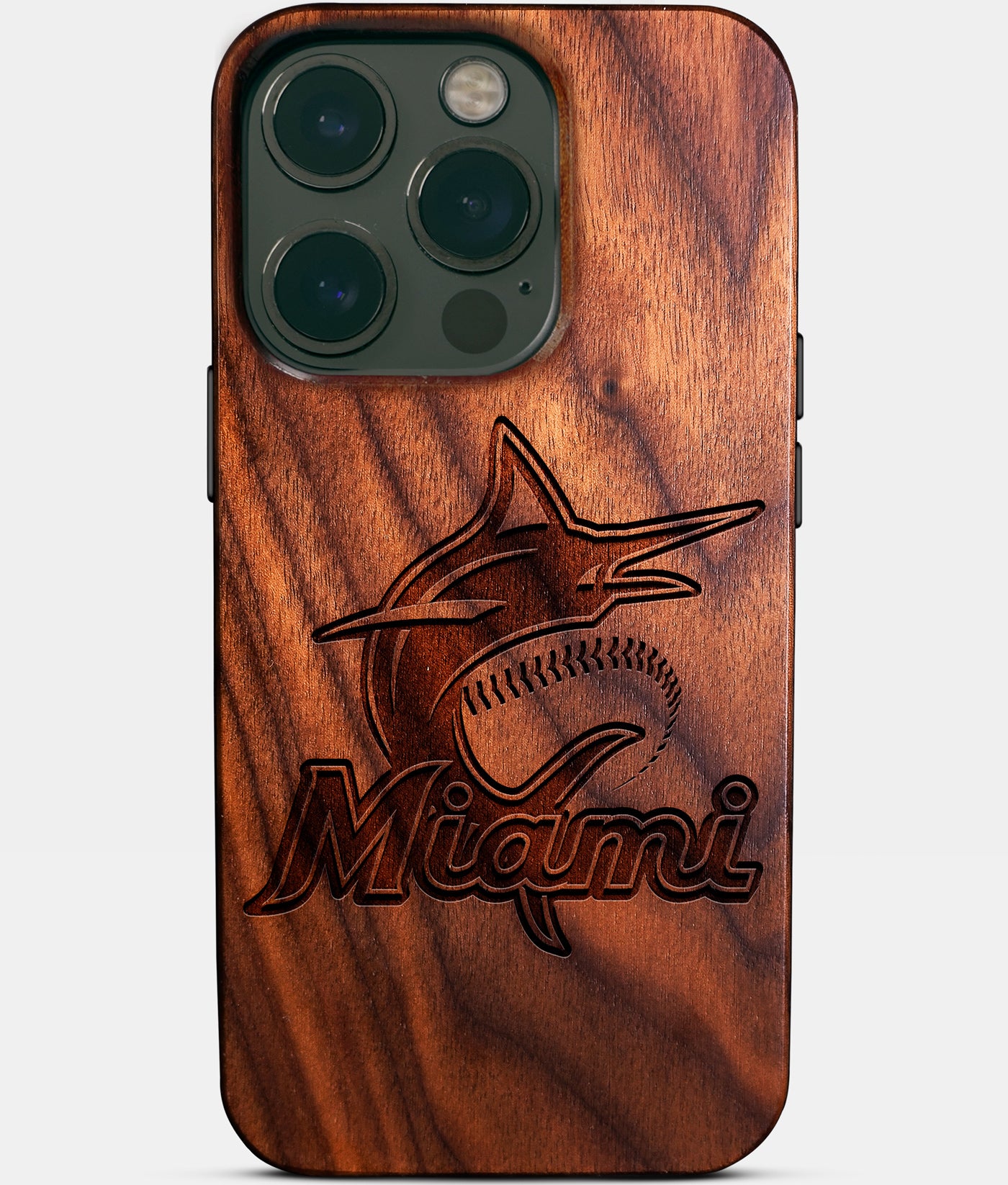 Eco-friendly Miami Marlins iPhone 14 Pro Case - Carved Wood Custom Miami Marlins Gift For Him - Monogrammed Personalized iPhone 14 Pro Cover By Engraved In Nature
