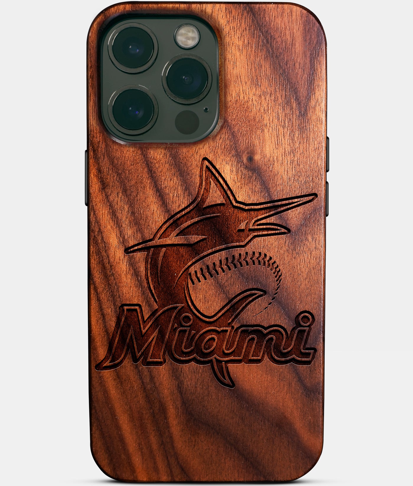 Eco-friendly Miami Marlins iPhone 14 Pro Max Case - Carved Wood Custom Miami Marlins Gift For Him - Monogrammed Personalized iPhone 14 Pro Max Cover By Engraved In Nature