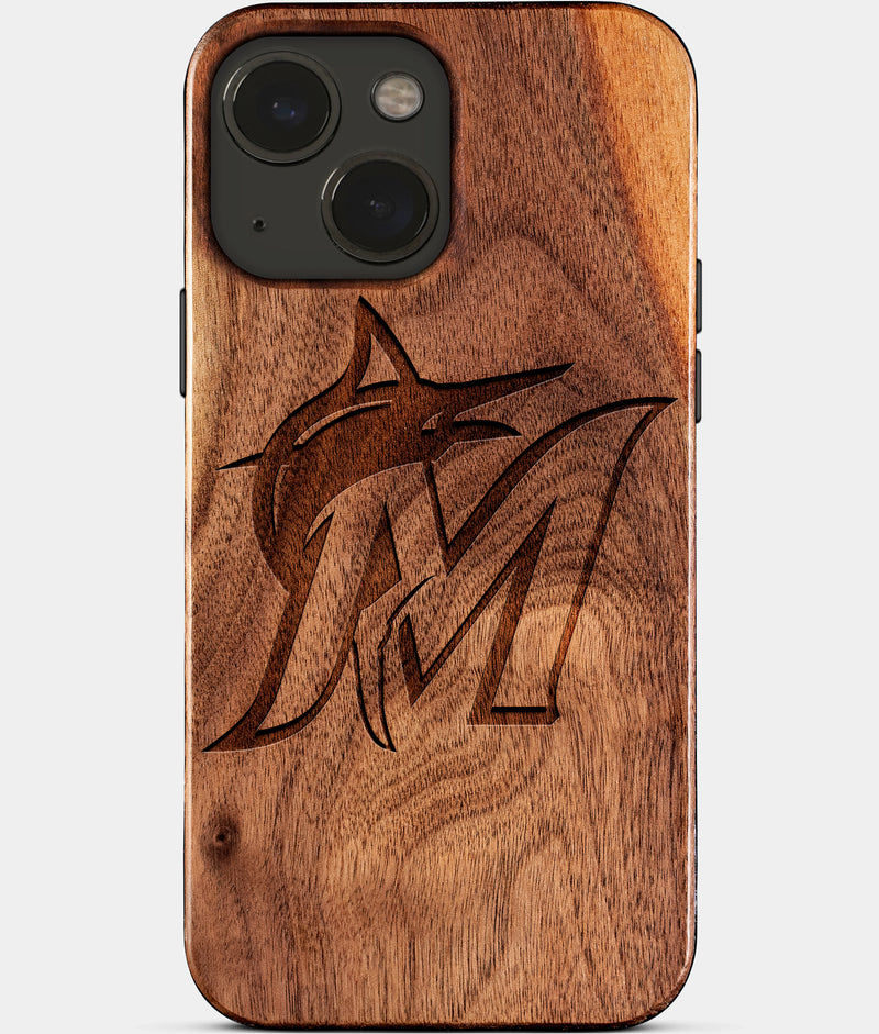 Eco-friendly Miami Marlins iPhone 15 Case - Carved Wood Custom Miami Marlins Gift For Him - Monogrammed Personalized iPhone 15 Cover By Engraved In Nature