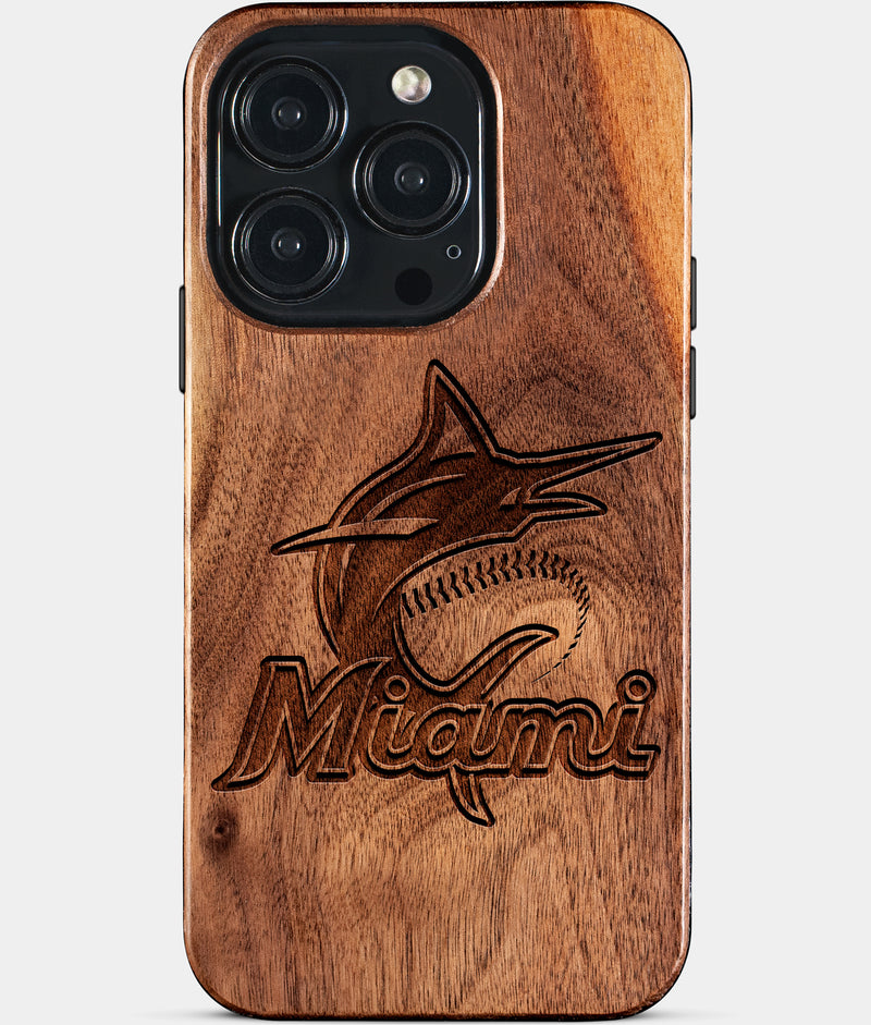 Eco-friendly Miami Marlins iPhone 15 Pro Case - Carved Wood Custom Miami Marlins Gift For Him - Monogrammed Personalized iPhone 15 Pro Cover By Engraved In Nature