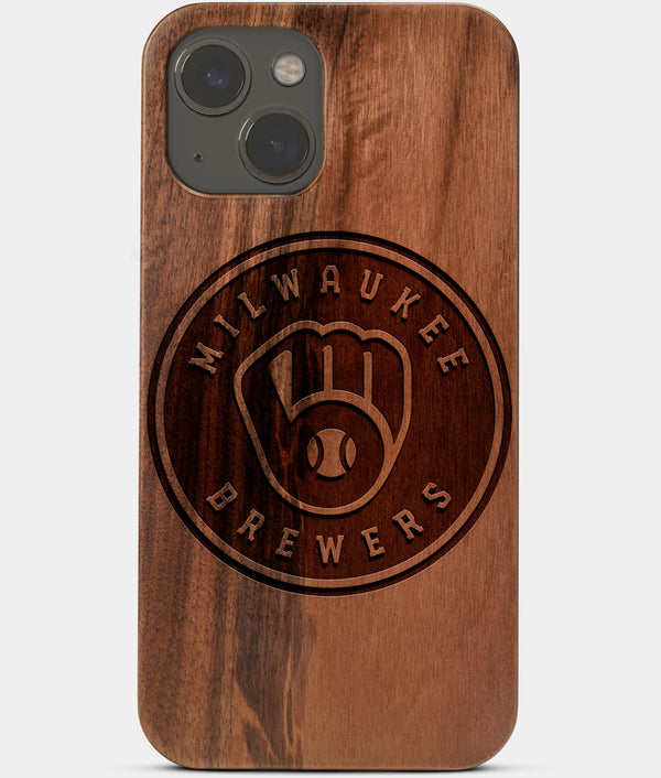 Carved Wood Milwaukee Brewers iPhone 13 Case | Custom Milwaukee Brewers Gift, Birthday Gift | Personalized Mahogany Wood Cover, Gifts For Him, Monogrammed Gift For Fan | by Engraved In Nature