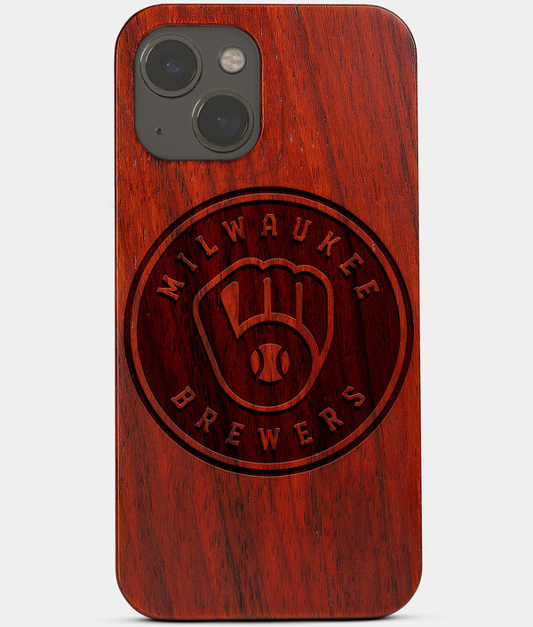 Carved Wood Milwaukee Brewers iPhone 13 Mini Case | Custom Milwaukee Brewers Gift, Birthday Gift | Personalized Mahogany Wood Cover, Gifts For Him, Monogrammed Gift For Fan | by Engraved In Nature