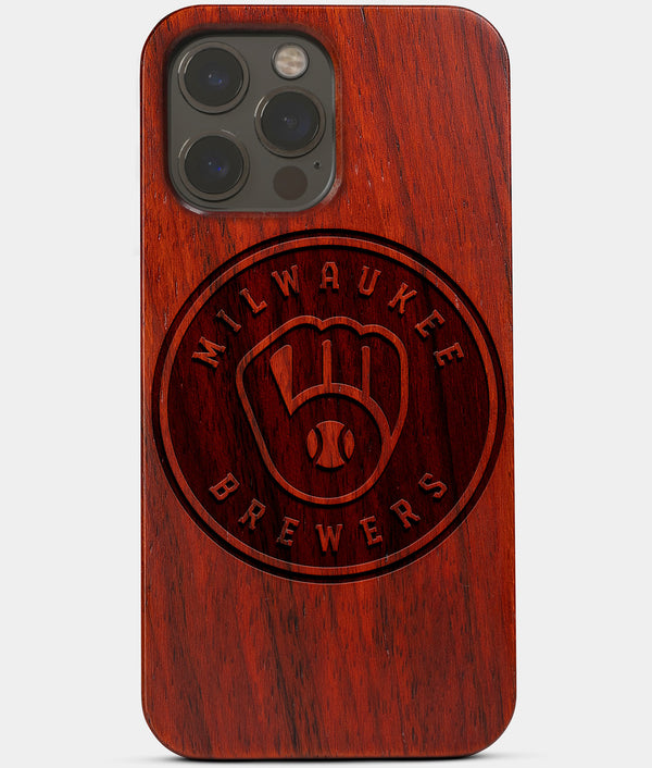 Carved Wood Milwaukee Brewers iPhone 13 Pro Max Case | Custom Milwaukee Brewers Gift, Birthday Gift | Personalized Mahogany Wood Cover, Gifts For Him, Monogrammed Gift For Fan | by Engraved In Nature