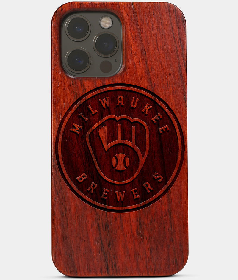 Carved Wood Milwaukee Brewers iPhone 13 Pro Max Case | Custom Milwaukee Brewers Gift, Birthday Gift | Personalized Mahogany Wood Cover, Gifts For Him, Monogrammed Gift For Fan | by Engraved In Nature