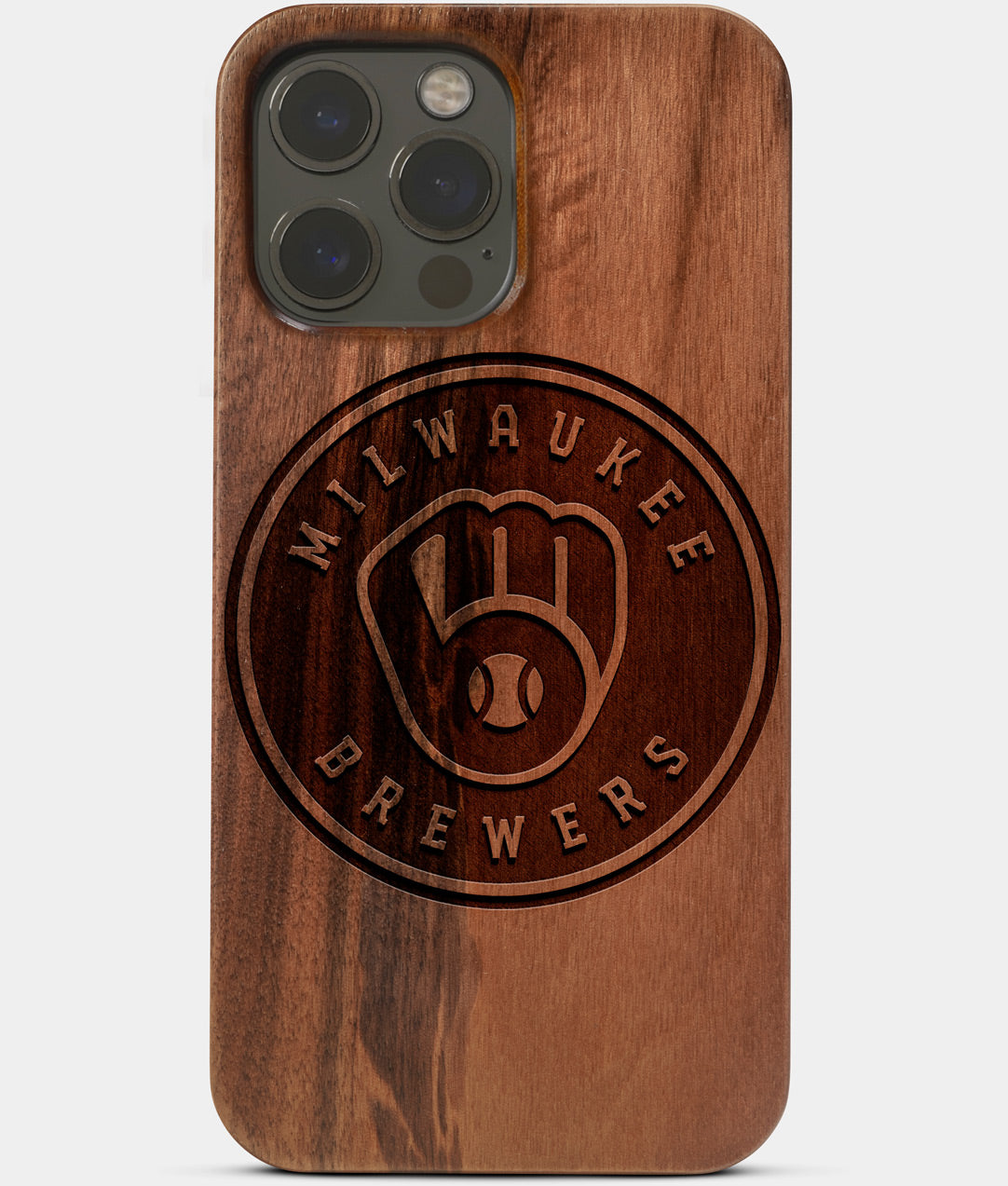 Carved Wood Milwaukee Brewers iPhone 13 Pro Max Case | Custom Milwaukee Brewers Gift, Birthday Gift | Personalized Mahogany Wood Cover, Gifts For Him, Monogrammed Gift For Fan | by Engraved In Nature