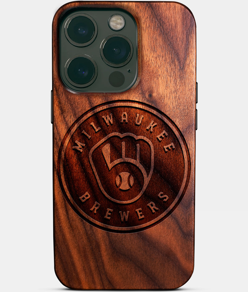 Eco-friendly Milwaukee Brewers iPhone 14 Pro Case - Carved Wood Custom Milwaukee Brewers Gift For Him - Monogrammed Personalized iPhone 14 Pro Cover By Engraved In Nature