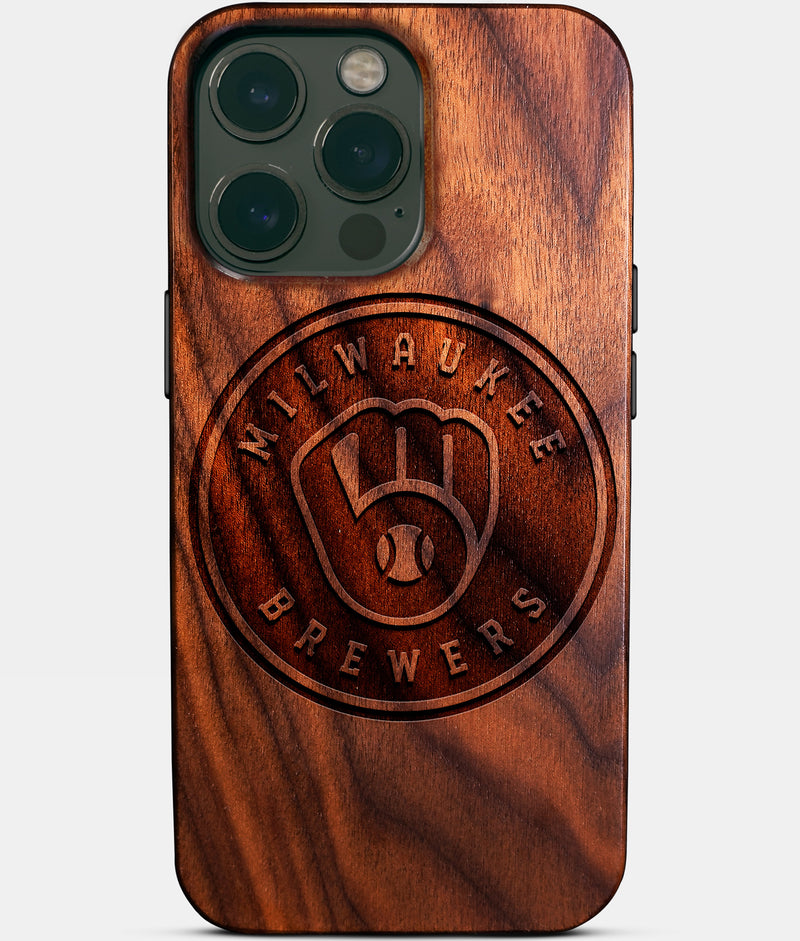Eco-friendly Milwaukee Brewers iPhone 14 Pro Max Case - Carved Wood Custom Milwaukee Brewers Gift For Him - Monogrammed Personalized iPhone 14 Pro Max Cover By Engraved In Nature