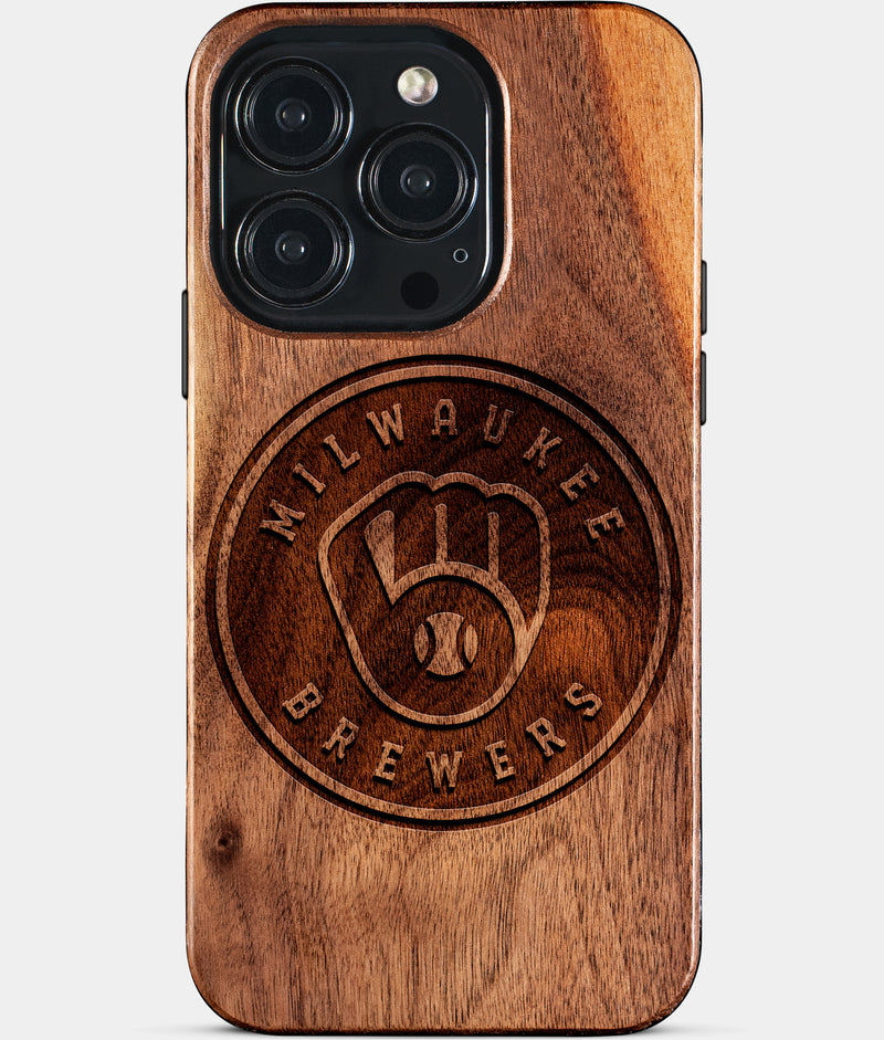 Eco-friendly Milwaukee Brewers iPhone 15 Pro Case - Carved Wood Custom Milwaukee Brewers Gift For Him - Monogrammed Personalized iPhone 15 Pro Cover By Engraved In Nature