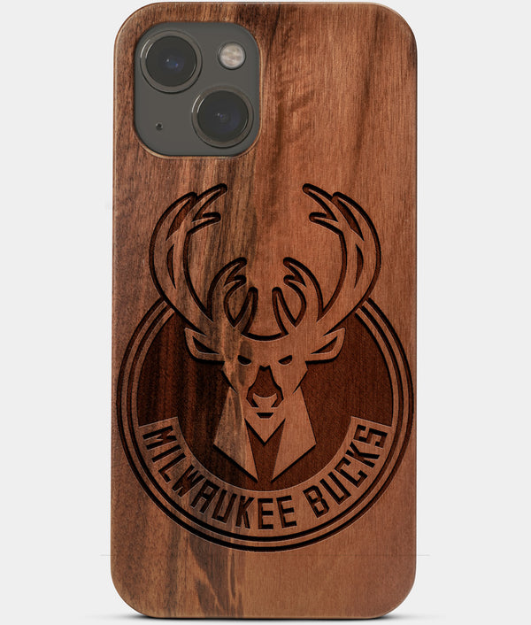 Carved Wood Milwaukee Bucks iPhone 13 Case | Custom Milwaukee Bucks Gift, Birthday Gift | Personalized Mahogany Wood Cover, Gifts For Him, Monogrammed Gift For Fan | by Engraved In Nature