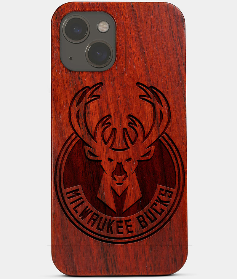 Carved Wood Milwaukee Bucks iPhone 13 Mini Case | Custom Milwaukee Bucks Gift, Birthday Gift | Personalized Mahogany Wood Cover, Gifts For Him, Monogrammed Gift For Fan | by Engraved In Nature