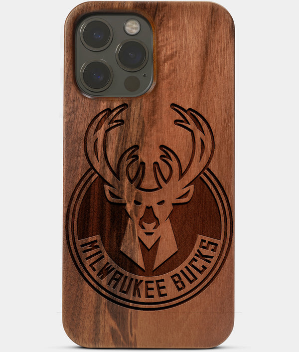 Carved Wood Milwaukee Bucks iPhone 13 Pro Case | Custom Milwaukee Bucks Gift, Birthday Gift | Personalized Mahogany Wood Cover, Gifts For Him, Monogrammed Gift For Fan | by Engraved In Nature
