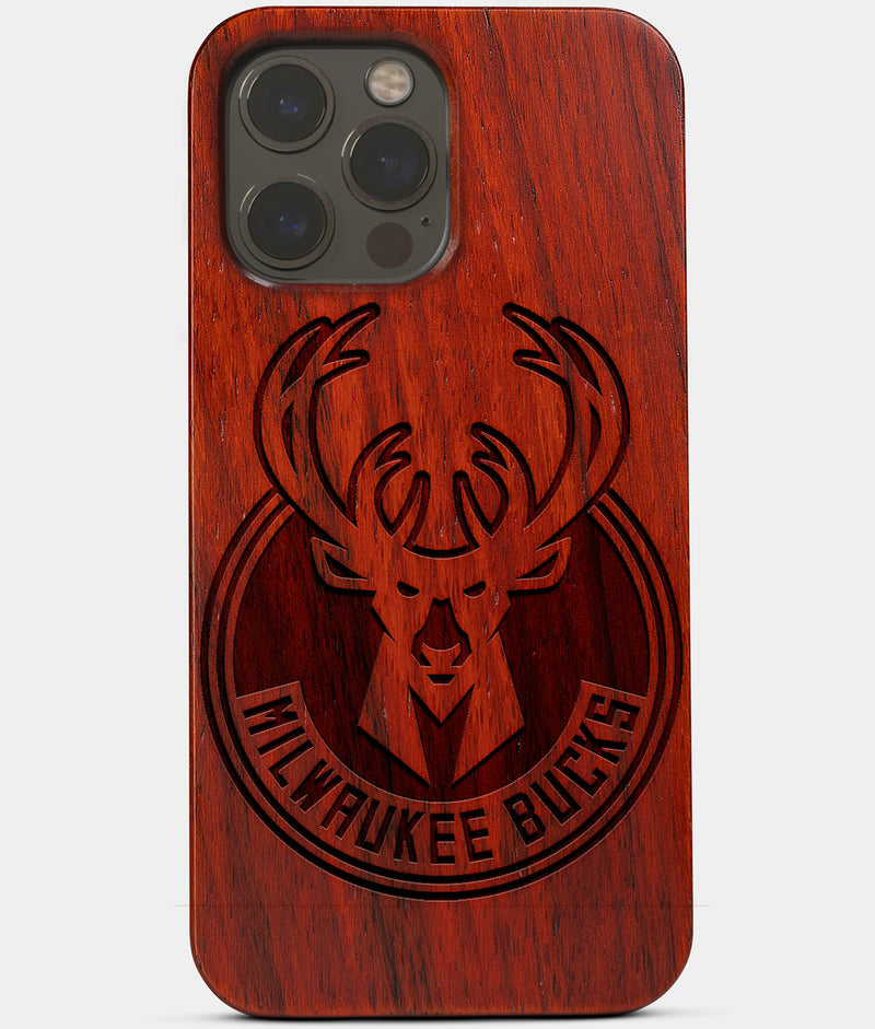 Carved Wood Milwaukee Bucks iPhone 13 Pro Max Case | Custom Milwaukee Bucks Gift, Birthday Gift | Personalized Mahogany Wood Cover, Gifts For Him, Monogrammed Gift For Fan | by Engraved In Nature