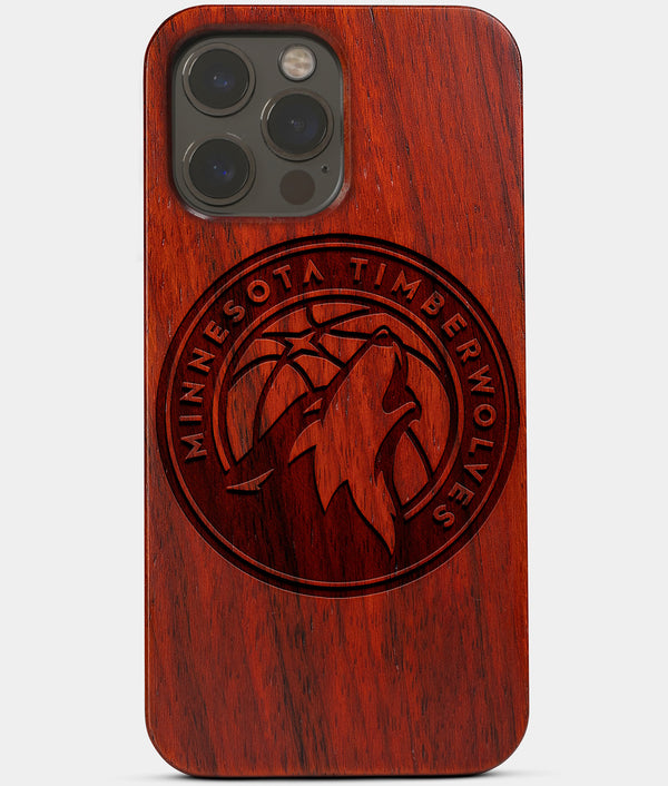 Carved Wood Minnesota Timberwolves iPhone 13 Pro Max Case | Custom Minnesota Timberwolves Gift, Birthday Gift | Personalized Mahogany Wood Cover, Gifts For Him, Monogrammed Gift For Fan | by Engraved In Nature
