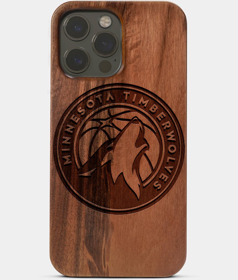 Carved Wood Minnesota Timberwolves iPhone 13 Pro Max Case | Custom Minnesota Timberwolves Gift, Birthday Gift | Personalized Mahogany Wood Cover, Gifts For Him, Monogrammed Gift For Fan | by Engraved In Nature