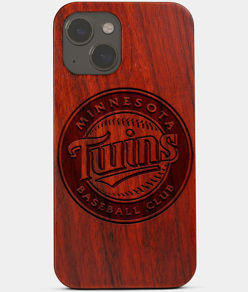 Carved Wood Minnesota Twins iPhone 13 Case | Custom Minnesota Twins Gift, Birthday Gift | Personalized Mahogany Wood Cover, Gifts For Him, Monogrammed Gift For Fan | by Engraved In Nature