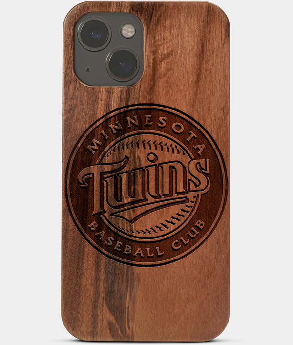 Carved Wood Minnesota Twins iPhone 13 Case | Custom Minnesota Twins Gift, Birthday Gift | Personalized Mahogany Wood Cover, Gifts For Him, Monogrammed Gift For Fan | by Engraved In Nature