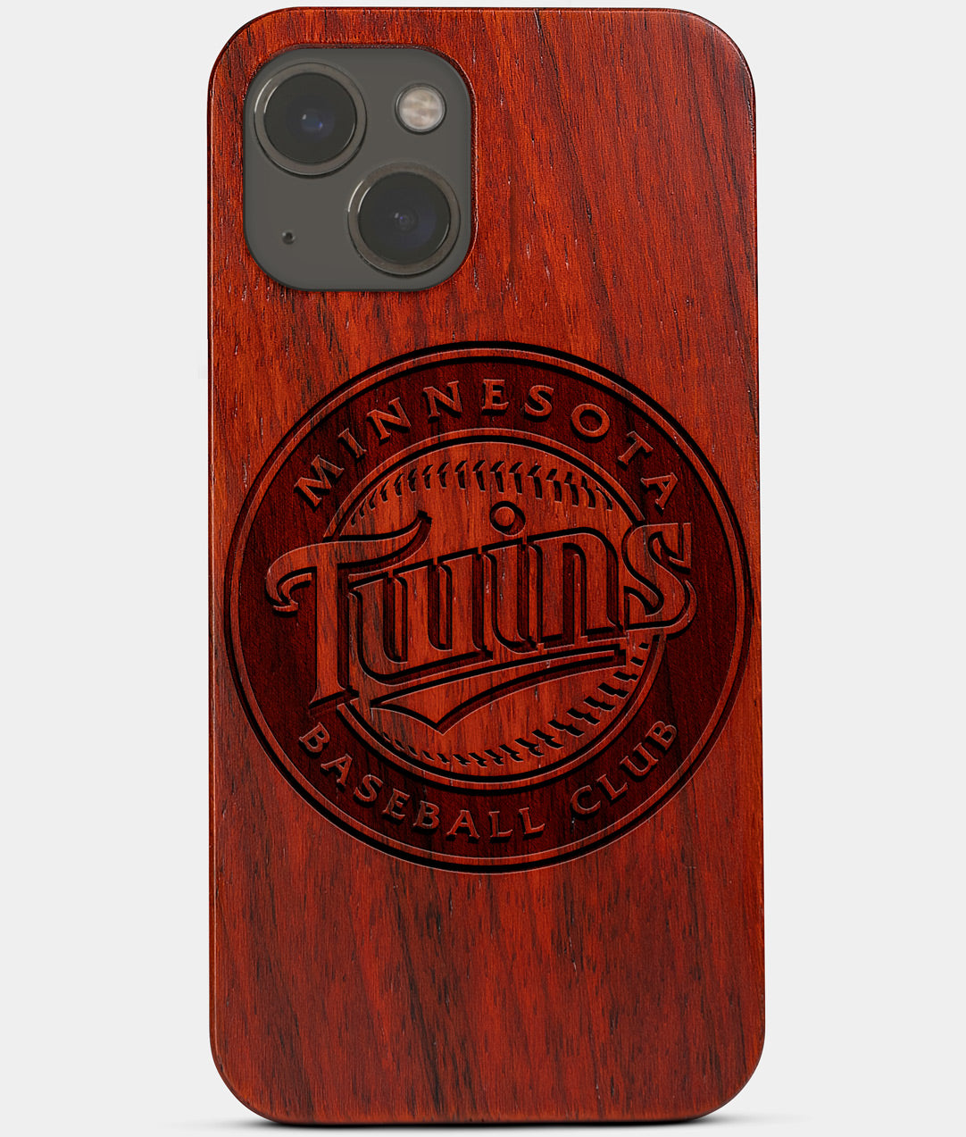 Carved Wood Minnesota Twins iPhone 13 Mini Case | Custom Minnesota Twins Gift, Birthday Gift | Personalized Mahogany Wood Cover, Gifts For Him, Monogrammed Gift For Fan | by Engraved In Nature