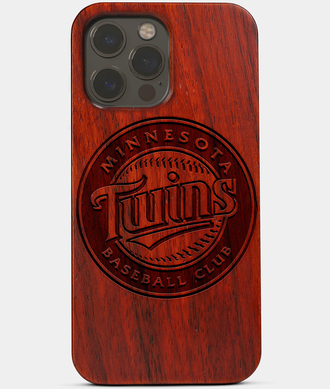 Carved Wood Minnesota Twins iPhone 13 Pro Case | Custom Minnesota Twins Gift, Birthday Gift | Personalized Mahogany Wood Cover, Gifts For Him, Monogrammed Gift For Fan | by Engraved In Nature