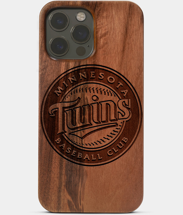 Carved Wood Minnesota Twins iPhone 13 Pro Max Case | Custom Minnesota Twins Gift, Birthday Gift | Personalized Mahogany Wood Cover, Gifts For Him, Monogrammed Gift For Fan | by Engraved In Nature