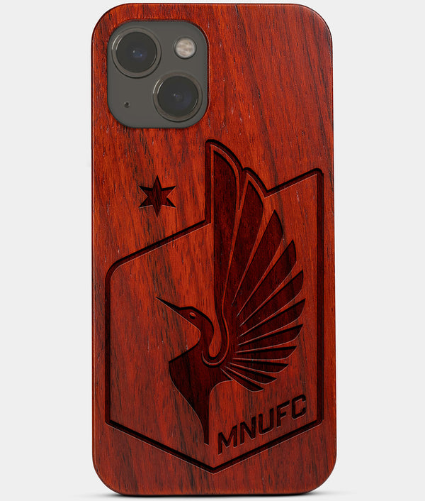 Carved Wood Minnesota United FC iPhone 13 Mini Case | Custom Minnesota United FC Gift, Birthday Gift | Personalized Mahogany Wood Cover, Gifts For Him, Monogrammed Gift For Fan | by Engraved In Nature