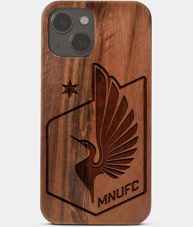 Carved Wood Minnesota United FC iPhone 13 Mini Case | Custom Minnesota United FC Gift, Birthday Gift | Personalized Mahogany Wood Cover, Gifts For Him, Monogrammed Gift For Fan | by Engraved In Nature