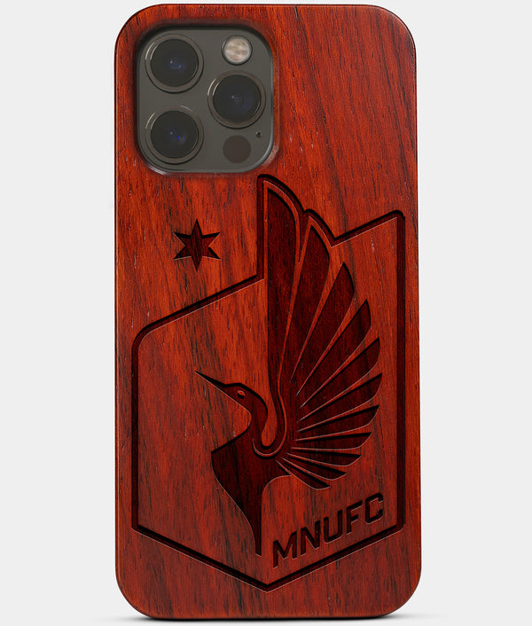 Carved Wood Minnesota United FC iPhone 13 Pro Max Case | Custom Minnesota United FC Gift, Birthday Gift | Personalized Mahogany Wood Cover, Gifts For Him, Monogrammed Gift For Fan | by Engraved In Nature