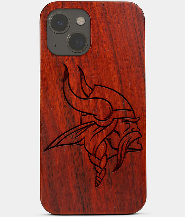 Carved Wood Minnesota Vikings iPhone 13 Case | Custom Minnesota Vikings Gift, Birthday Gift | Personalized Mahogany Wood Cover, Gifts For Him, Monogrammed Gift For Fan | by Engraved In Nature
