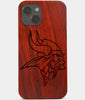 Carved Wood Minnesota Vikings iPhone 13 Mini Case | Custom Minnesota Vikings Gift, Birthday Gift | Personalized Mahogany Wood Cover, Gifts For Him, Monogrammed Gift For Fan | by Engraved In Nature