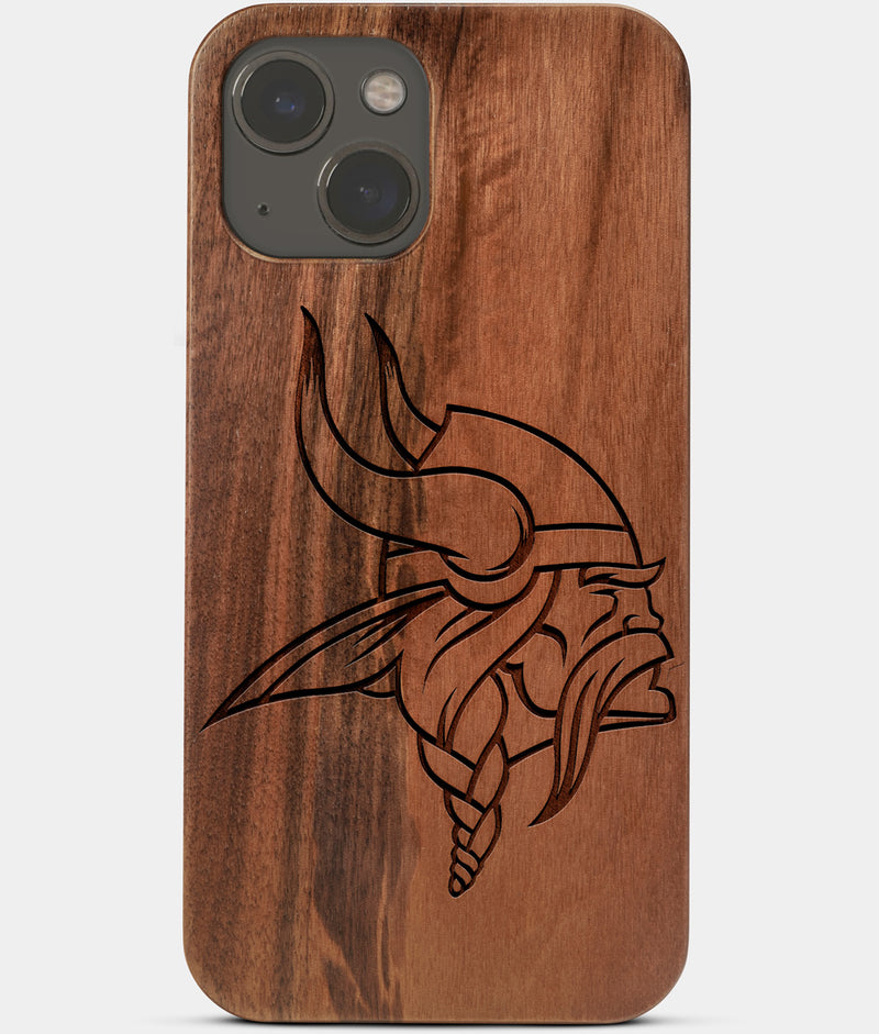 Carved Wood Minnesota Vikings iPhone 13 Mini Case | Custom Minnesota Vikings Gift, Birthday Gift | Personalized Mahogany Wood Cover, Gifts For Him, Monogrammed Gift For Fan | by Engraved In Nature