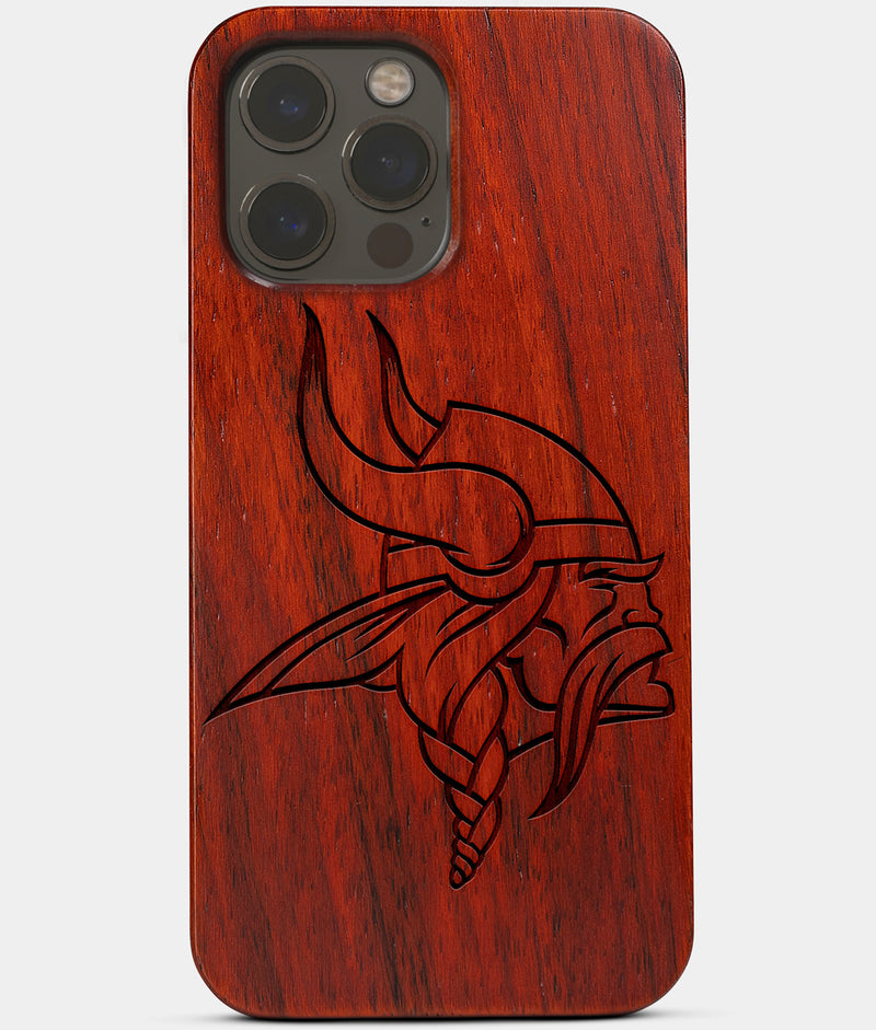 Carved Wood Minnesota Vikings iPhone 13 Pro Case | Custom Minnesota Vikings Gift, Birthday Gift | Personalized Mahogany Wood Cover, Gifts For Him, Monogrammed Gift For Fan | by Engraved In Nature