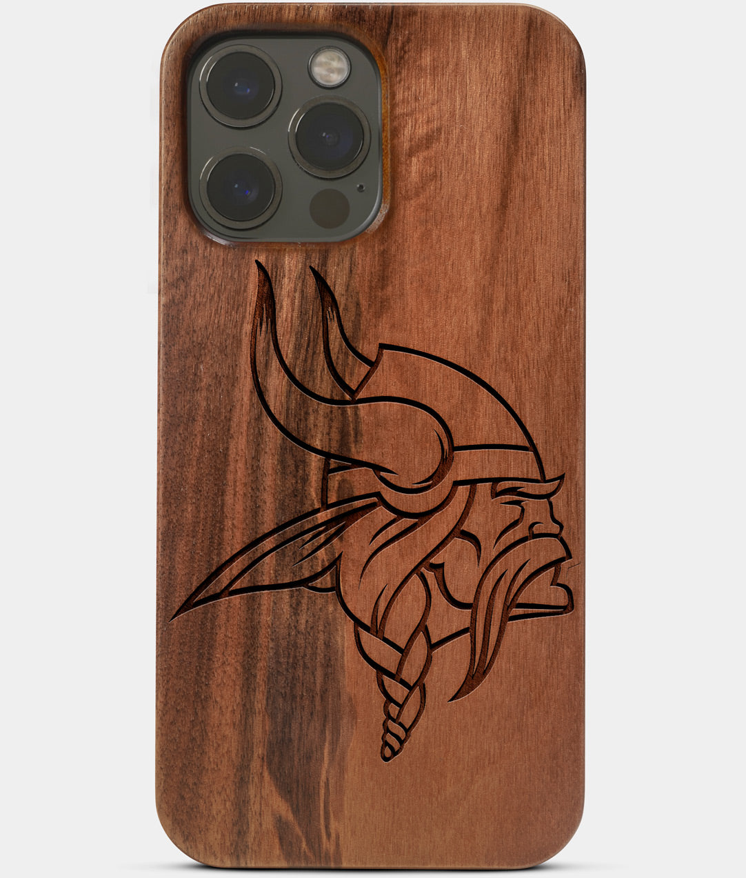 Carved Wood Minnesota Vikings iPhone 13 Pro Case | Custom Minnesota Vikings Gift, Birthday Gift | Personalized Mahogany Wood Cover, Gifts For Him, Monogrammed Gift For Fan | by Engraved In Nature