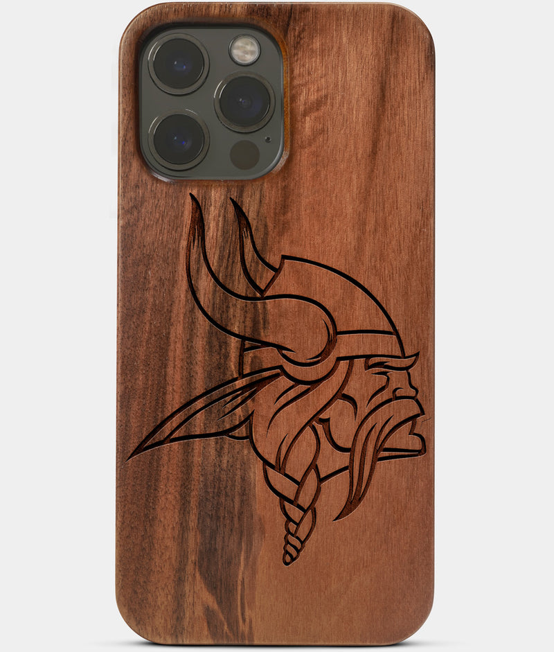 Carved Wood Minnesota Vikings iPhone 13 Pro Case | Custom Minnesota Vikings Gift, Birthday Gift | Personalized Mahogany Wood Cover, Gifts For Him, Monogrammed Gift For Fan | by Engraved In Nature